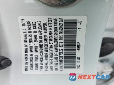 Zdjęcie 12 z 12 samochodu: 2019 HONDA CIVIC EXL VIN:19XFC1F73KE216074 - miniatura