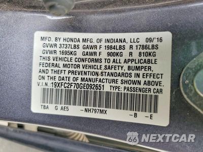 Zdjęcie 12 z 12 samochodu: 2016 HONDA CIVIC EX VIN:19XFC2F70GE092651 - miniatura