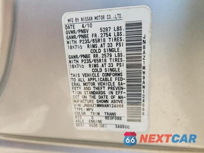 Zdjęcie 13 z 13 samochodu: 2010 NISSAN MURANO S VIN:JN8AZ1MW9AW124866 - miniatura