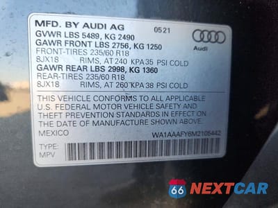 Zdjęcie 14 z 14 samochodu: 2021 AUDI Q5 PREMIUM VIN:WA1AAAFY6M2105442 - miniatura
