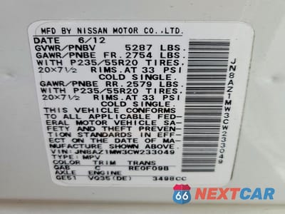 Zdjęcie 13 z 13 samochodu: 2012 NISSAN MURANO S VIN:JN8AZ1MW3CW233049 - miniatura