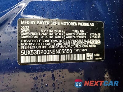 Zdjęcie 12 z 12 samochodu: 2022 BMW X3 XDRIVE30I VIN:5UX53DP00N9N05550 - miniatura