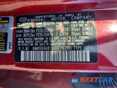 Zdjęcie 13 z 13 samochodu: 2018 HYUNDAI SANTA FE LIMITED ULTIMATE VIN:KM8SR4HF0JU276280 - miniatura