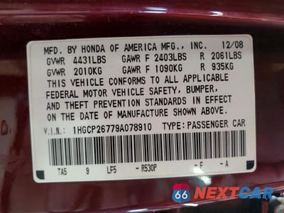 Zdjęcie 12 z 12 samochodu: 2009 HONDA ACCORD EX VIN:1HGCP26779A078910 - miniatura