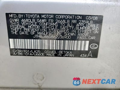 Zdjęcie 12 z 12 samochodu: 2008 LEXUS ES 350 VIN:JTHBJ46G882236900 - miniatura