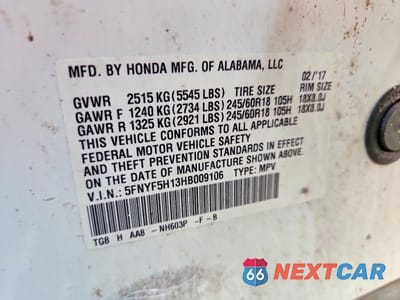 Zdjęcie 13 z 13 samochodu: 2017 HONDA PILOT LX VIN:5FNYF5H13HB009106 - miniatura