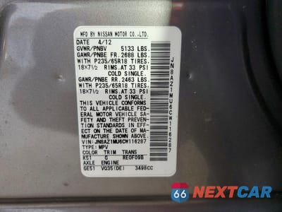 Zdjęcie 13 z 13 samochodu: 2012 NISSAN MURANO S VIN:JN8AZ1MU6CW116287 - miniatura