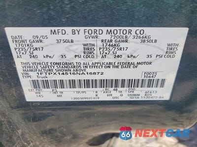 Zdjęcie 12 z 12 samochodu: 2006 FORD F150 VIN:1FTPX14516NA16872 - miniatura