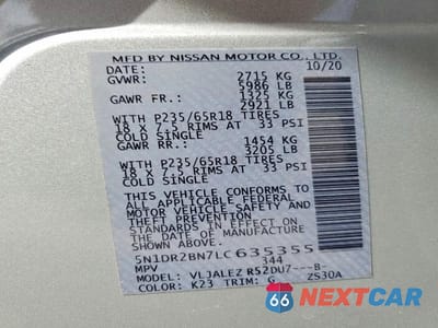 Zdjęcie 14 z 14 samochodu: 2020 NISSAN PATHFINDER SV VIN:5N1DR2BN7LC635355 - miniatura
