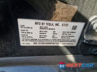 Zdjęcie 12 z 12 samochodu: 2022 TESLA MODEL S VIN:5YJSA1E69NF487121 - miniatura