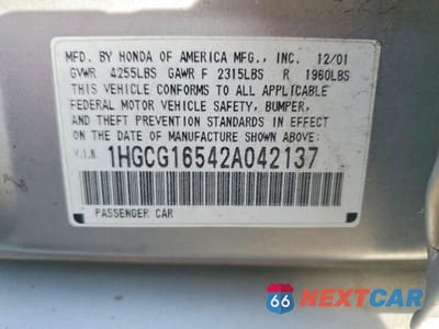 Zdjęcie 12 z 12 samochodu: 2002 HONDA ACCORD EX VIN:1HGCG16542A042137 - miniatura