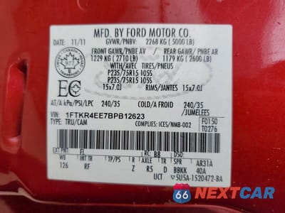 Zdjęcie 12 z 12 samochodu: 2011 FORD RANGER XL VIN:1FTKR4EE7BPB12623 - miniatura