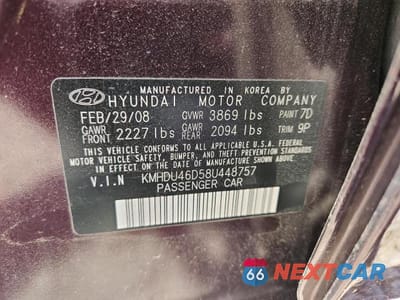 Zdjęcie 12 z 12 samochodu: 2008 HYUNDAI ELANTRA GLS VIN:KMHDU46D58U448757 - miniatura