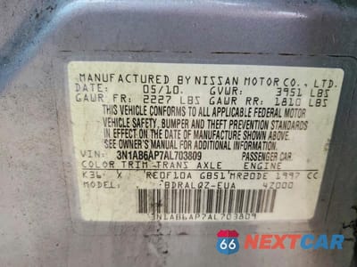 Zdjęcie 12 z 12 samochodu: 2010 NISSAN SENTRA 2.0 VIN:3N1AB6AP7AL703809 - miniatura