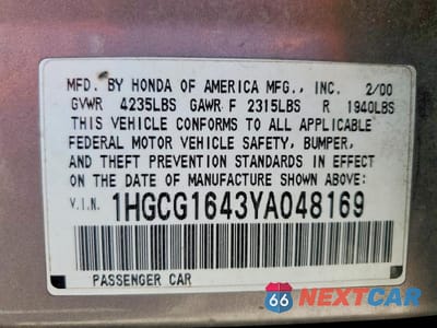 Zdjęcie 13 z 13 samochodu: 2000 HONDA ACCORD LX VIN:1HGCG1643YA048169 - miniatura