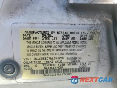 Zdjęcie 12 z 12 samochodu: 2006 NISSAN SENTRA 1.8 VIN:3N1CB51D76L572204 - miniatura