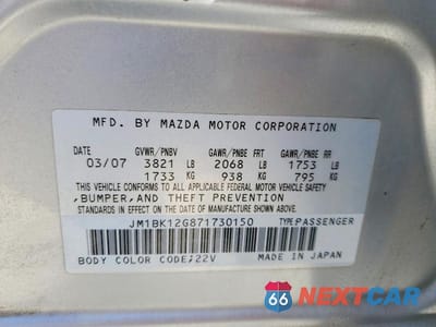 Zdjęcie 12 z 12 samochodu: 2007 MAZDA 3 I VIN:JM1BK12G871730150 - miniatura