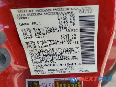Zdjęcie 12 z 12 samochodu: 2012 SUZUKI EQUATOR BASE VIN:5Z62D0CT0CC449413 - miniatura