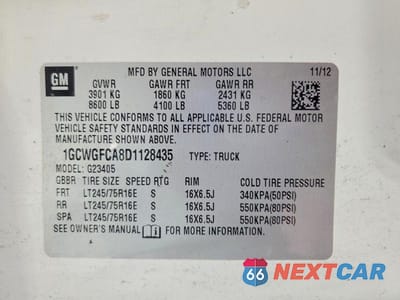 Zdjęcie 14 z 14 samochodu: 2013 CHEVROLET EXPRESS G2500 VIN:1GCWGFCA8D1128435 - miniatura