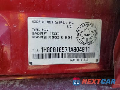 Zdjęcie 12 z 12 samochodu: 2001 HONDA ACCORD EX VIN:1HGCG16571A804911 - miniatura
