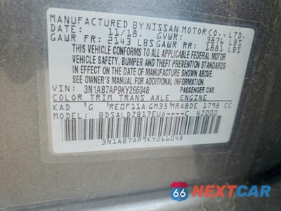 Zdjęcie 12 z 12 samochodu: 2019 NISSAN SENTRA SV VIN:3N1AB7AP9KY266048 - miniatura