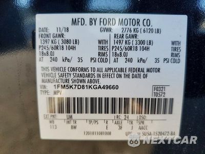 Zdjęcie 13 z 13 samochodu: 2019 FORD EXPLORER XLT VIN:1FM5K7D81KGA49660 - miniatura