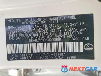 Zdjęcie 12 z 12 samochodu: 2019 LEXUS ES 350 BASE VIN:58ABZ1B19KU010908 - miniatura