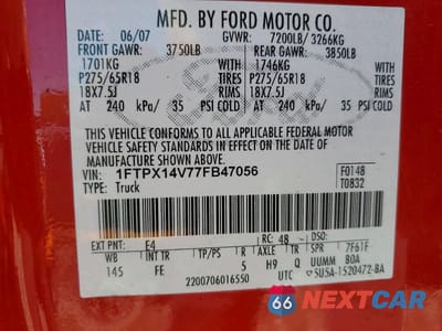 Zdjęcie 12 z 12 samochodu: 2007 FORD F150 VIN:1FTPX14V77FB47056 - miniatura