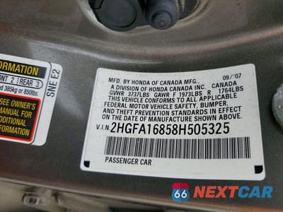 Zdjęcie 12 z 12 samochodu: 2008 HONDA CIVIC EX VIN:2HGFA16858H505325 - miniatura