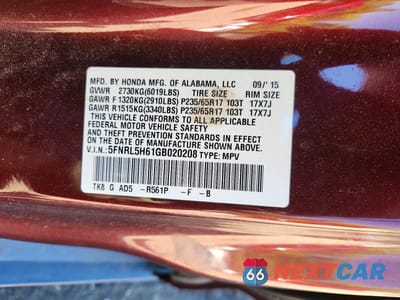Zdjęcie 13 z 13 samochodu: 2016 HONDA ODYSSEY EXL VIN:5FNRL5H61GB020208 - miniatura