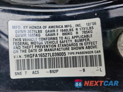Zdjęcie 12 z 12 samochodu: 2007 HONDA CIVIC LX VIN:1HGFA16527L039005 - miniatura