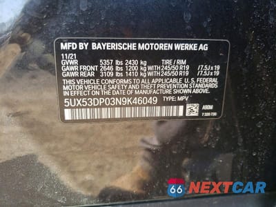 Zdjęcie 13 z 13 samochodu: 2022 BMW X3 XDRIVE30I VIN:5UX53DP03N9K46049 - miniatura