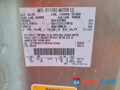 Zdjęcie 13 z 13 samochodu: 2005 FORD F350 SRW SUPER DUTY VIN:1FTWW31PX5EA15766 - miniatura