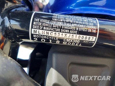 Zdjęcie 8 z 8 samochodu: 2018 HONDA CMX300 VIN:MLHNC531XJ5100087 - miniatura