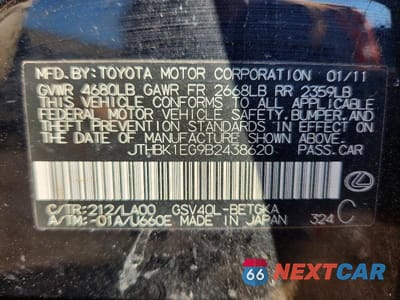 Zdjęcie 13 z 13 samochodu: 2011 LEXUS ES 350 VIN:JTHBK1EG9B2438620 - miniatura