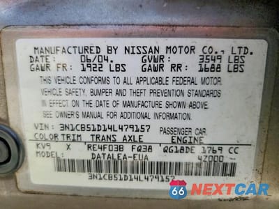 Zdjęcie 13 z 13 samochodu: 2004 NISSAN SENTRA 1.8 VIN:3N1CB51D14L479157 - miniatura