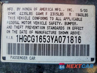 Zdjęcie 12 z 12 samochodu: 2000 HONDA ACCORD EX VIN:1HGCG1653YA071816 - miniatura