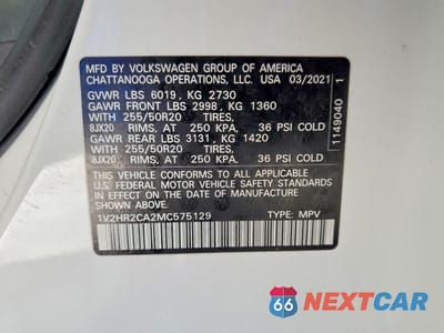 Zdjęcie 13 z 13 samochodu: 2021 VOLKSWAGEN ATLAS SE VIN:1V2HR2CA2MC575129 - miniatura