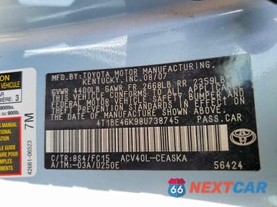 Zdjęcie 13 z 13 samochodu: 2008 TOYOTA CAMRY SE VIN:4T1BE46K98U738745 - miniatura