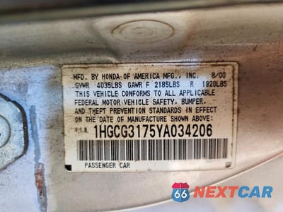 Zdjęcie 12 z 12 samochodu: 2000 HONDA ACCORD EX VIN:1HGCG3175YA034206 - miniatura