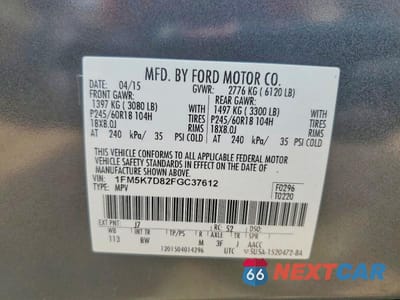 Zdjęcie 13 z 13 samochodu: 2015 FORD EXPLORER XLT VIN:1FM5K7D82FGC37612 - miniatura