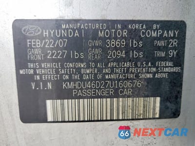Zdjęcie 12 z 12 samochodu: 2007 HYUNDAI ELANTRA GLS VIN:KMHDU46D27U160676 - miniatura