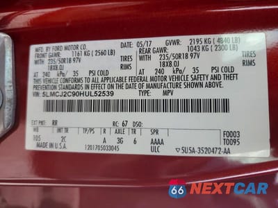 Zdjęcie 12 z 12 samochodu: 2017 LINCOLN MKC SELECT VIN:5LMCJ2C90HUL52539 - miniatura
