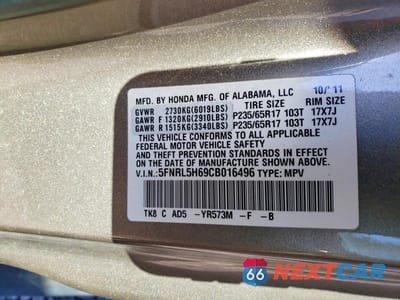 Zdjęcie 13 z 13 samochodu: 2012 HONDA ODYSSEY EXL VIN:5FNRL5H69CB016496 - miniatura