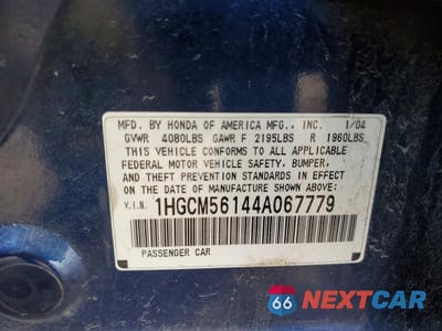 Zdjęcie 12 z 12 samochodu: 2004 HONDA ACCORD DX VIN:1HGCM56144A067779 - miniatura