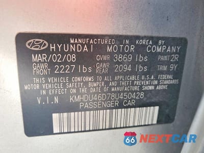Zdjęcie 12 z 12 samochodu: 2008 HYUNDAI ELANTRA GLS VIN:KMHDU46D78U450428 - miniatura