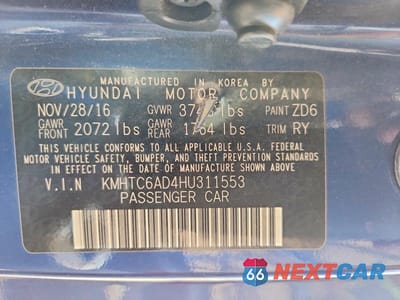 Zdjęcie 13 z 13 samochodu: 2017 HYUNDAI VELOSTER BASE VIN:KMHTC6AD4HU311553 - miniatura