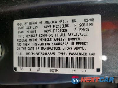 Zdjęcie 12 z 12 samochodu: 2008 HONDA ACCORD EXL VIN:1HGCP26878A088585 - miniatura