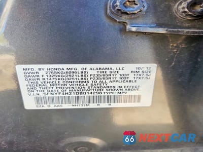 Zdjęcie 13 z 13 samochodu: 2013 HONDA PILOT LX VIN:5FNYF4H21DB014298 - miniatura