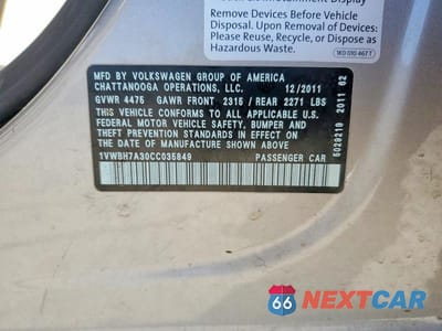 Zdjęcie 12 z 12 samochodu: 2012 VOLKSWAGEN PASSAT SE VIN:1VWBH7A30CC035849 - miniatura